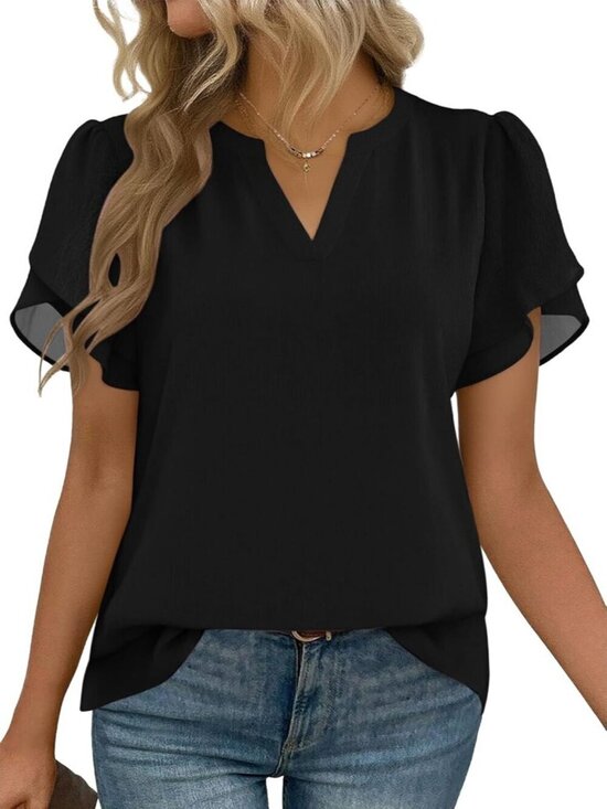Tops - Women's Dressy Casual Shirts Short Sleeve V Neck Work Blouse Chiffon Top Black